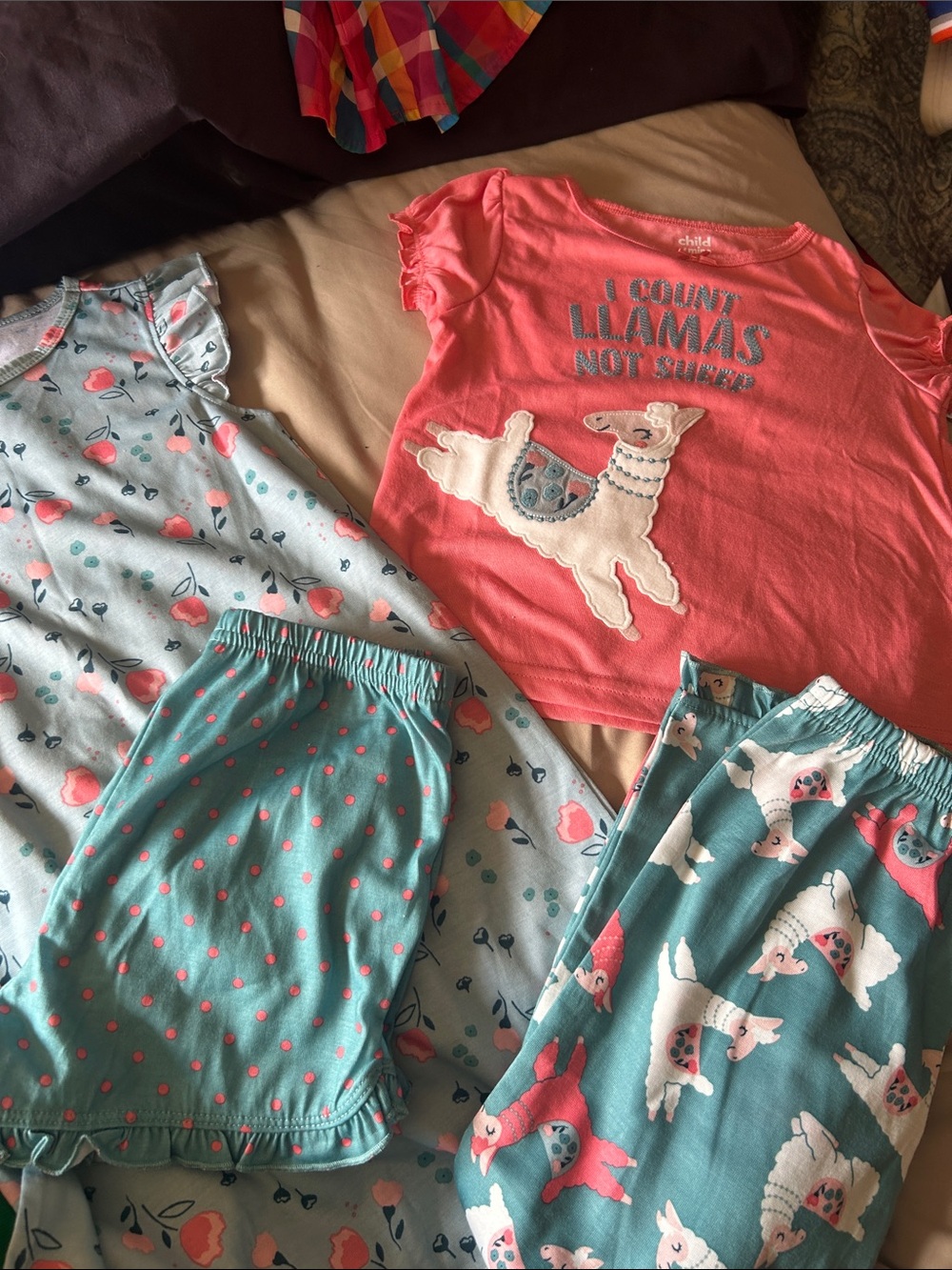 Carter's Coral Llama Top with Teal Llama and Dot Pajama Bottoms